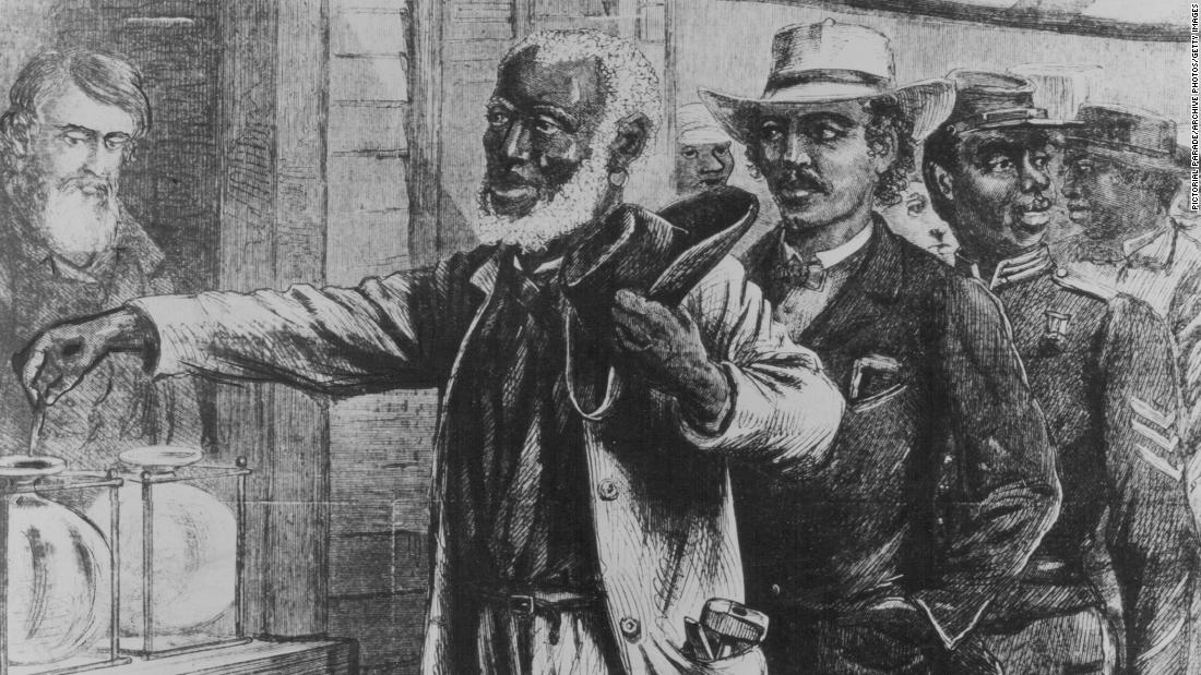 This 1867 illustration from Harper's Weekly shows African-American men voting in a state election in the South during Reconstruction. Although Black men were allowed to vote after the Civil War, voting rights for African Americans were continually eroded until the 1960s.